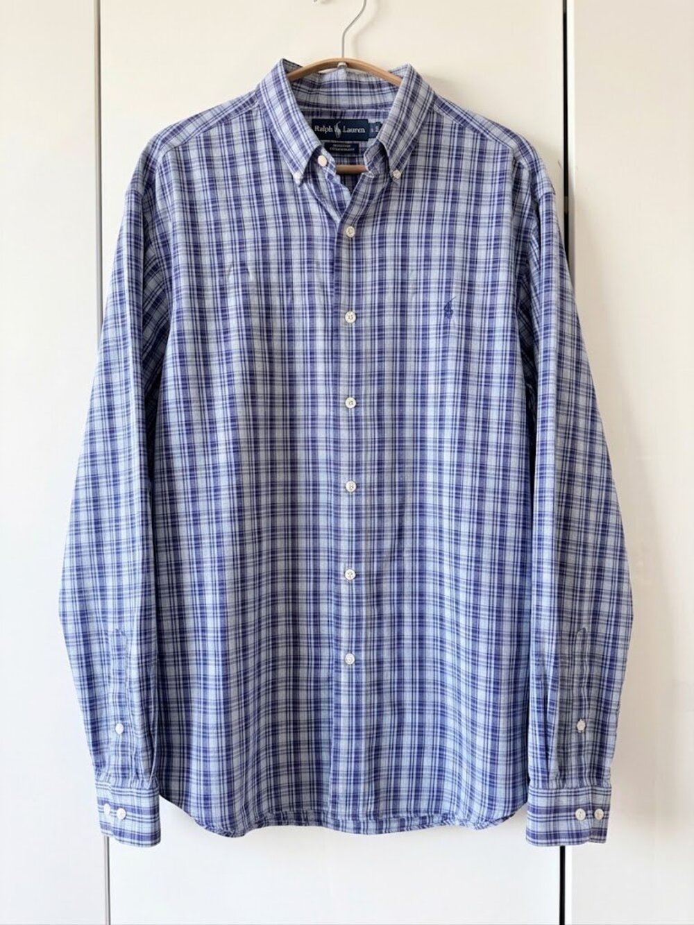 Ralph Lauren Sport Womens L Button Down Shirt Blue Plaid Cotton Boyfriend Preppy